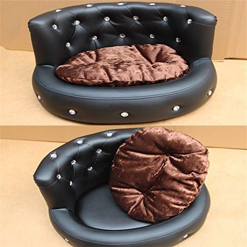Luxury Washable Pet Sofa Bed for Dogs, Waterproof Leather Bichon Diamond Design, Black - Petopia
