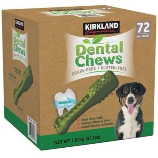 Kirkland Dental Chews for dogs, grain-free, gluten-free, 72 count pack for healthy teeth and fresh breath.