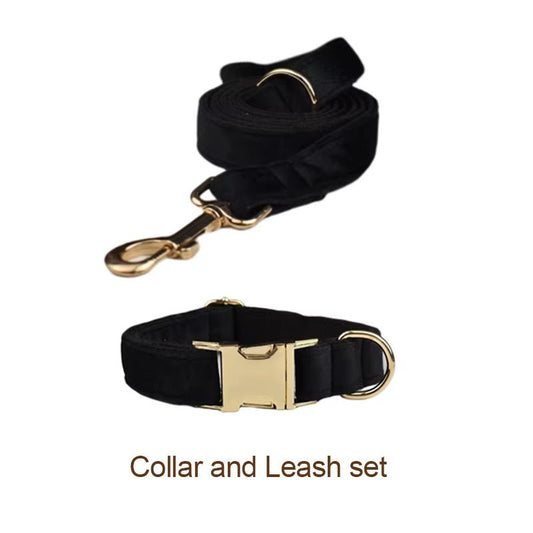 Black Velvet Dog Collar and Leash Set with Custom Engraved Nameplate for Small, Medium, and Large Dogs - Petopia