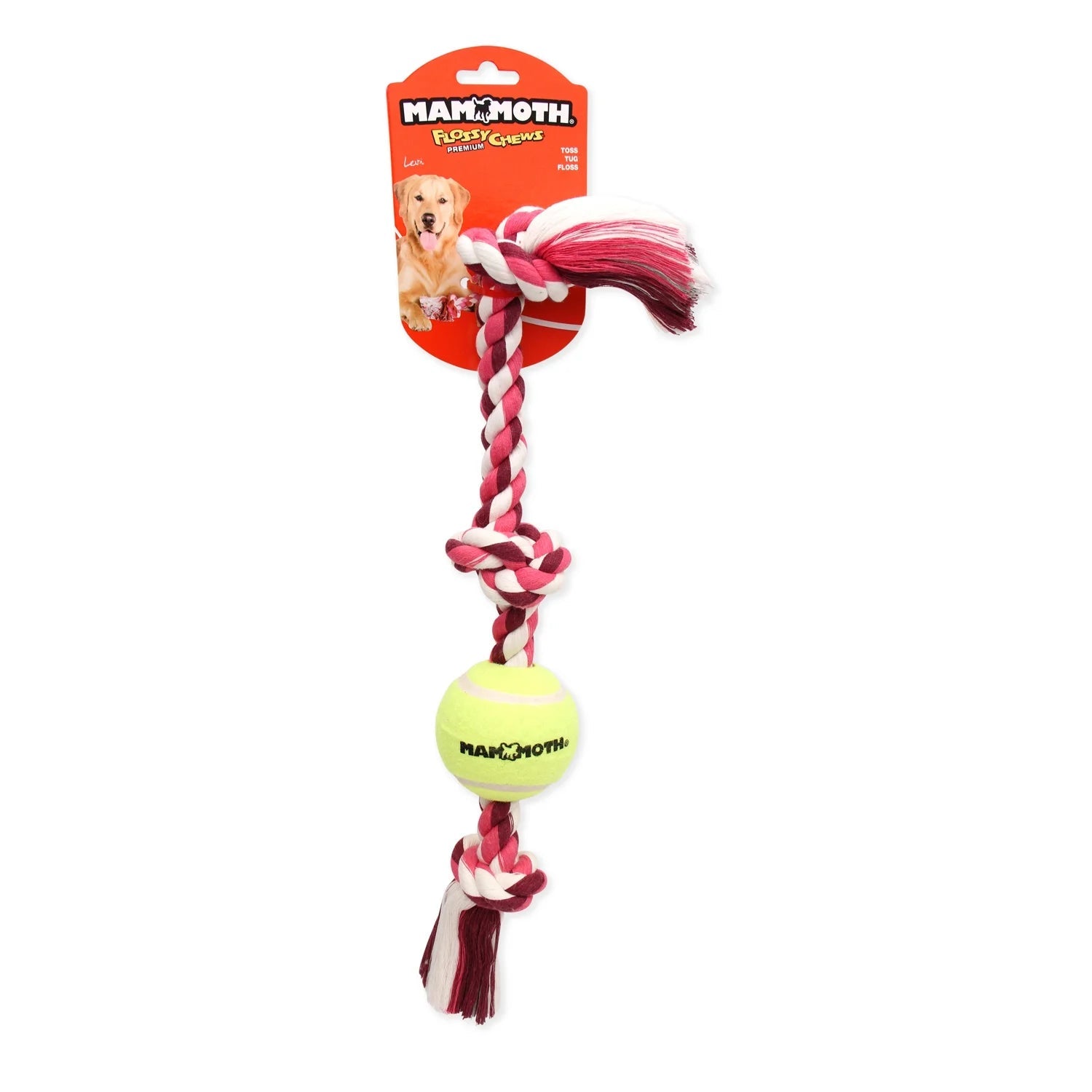 Flossy Chews Cottonblend 3 Knot Tug Rope Dog Toy with 3” Tennis Ball, Medium 20", Assorted Colors - Petopia