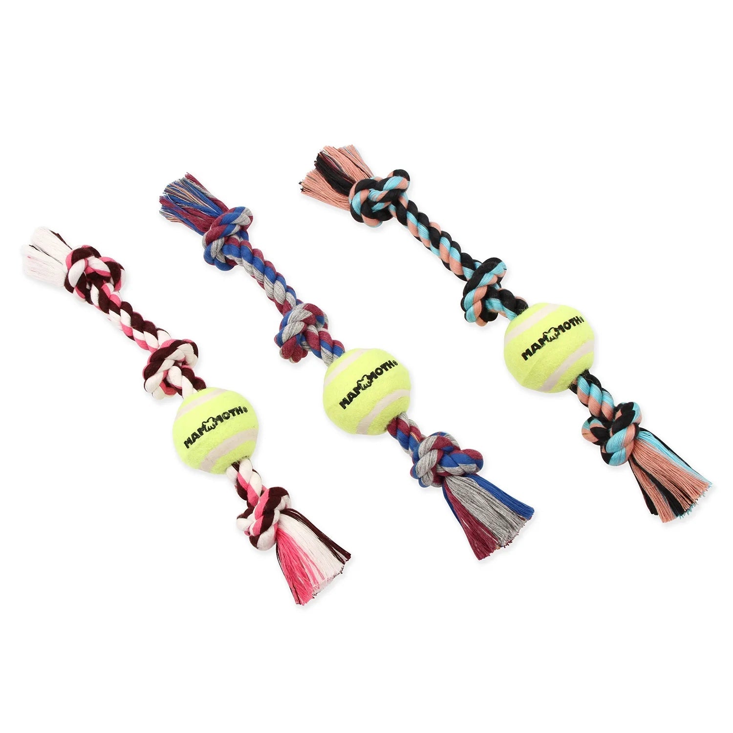 Flossy Chews Cottonblend 3 Knot Tug Rope Dog Toy with 3” Tennis Ball, Medium 20", Assorted Colors - Petopia