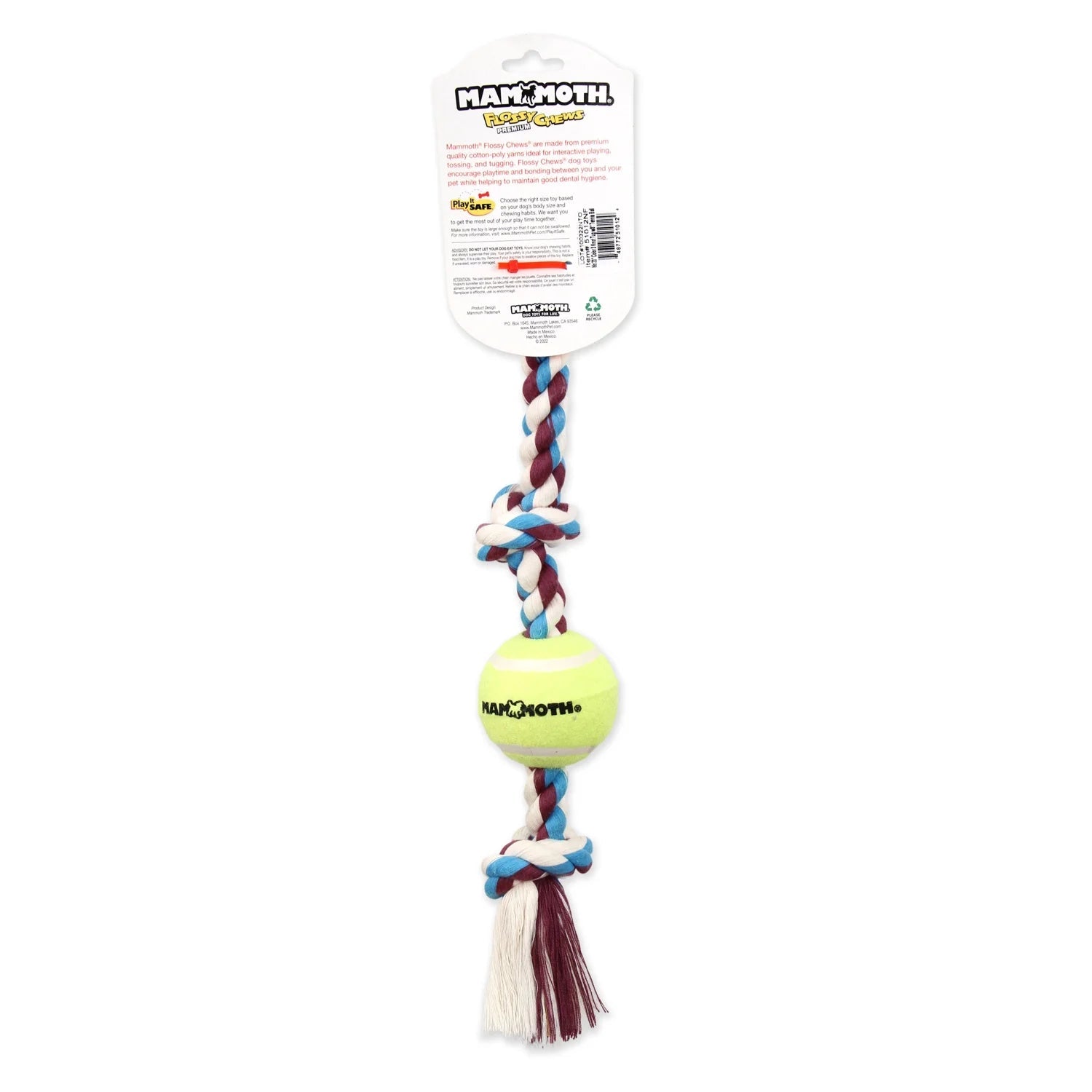 Flossy Chews Cottonblend 3 Knot Tug Rope Dog Toy with 3” Tennis Ball, Medium 20", Assorted Colors - Petopia