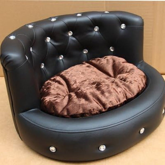 Luxury Washable Pet Sofa Bed for Dogs, Waterproof Leather Bichon Diamond Design, Black - Petopia
