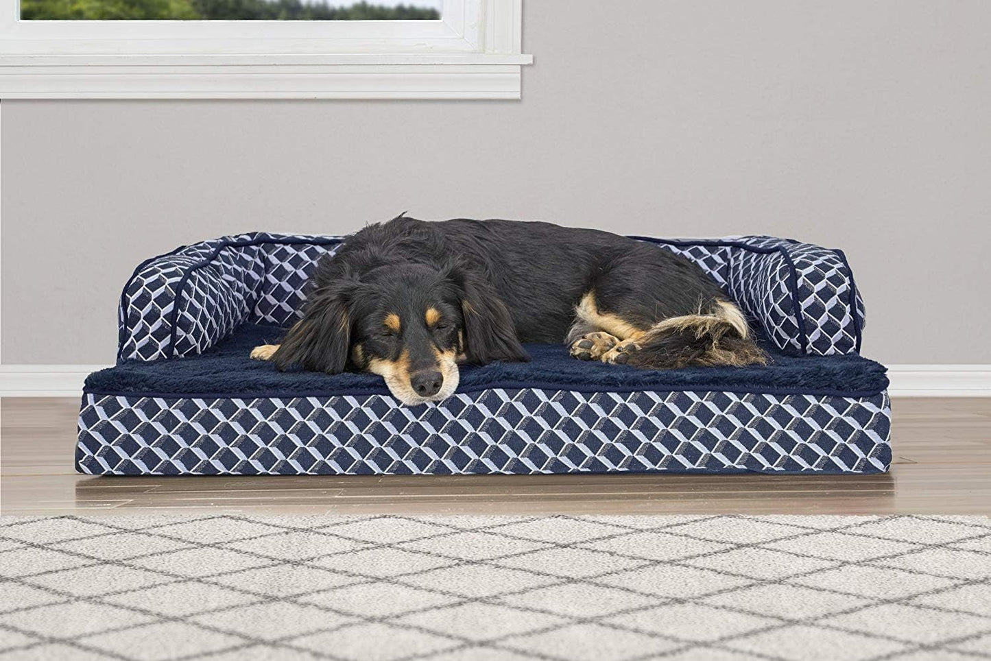 Orthopedic Dog Bed for Medium/Small Dogs W/ Removable Bolsters & Washable Cover, for Dogs up to 35 Lbs - Plush & Woven Decor Comfy Couch Sofa - Diamond Blue, Medium - Petopia