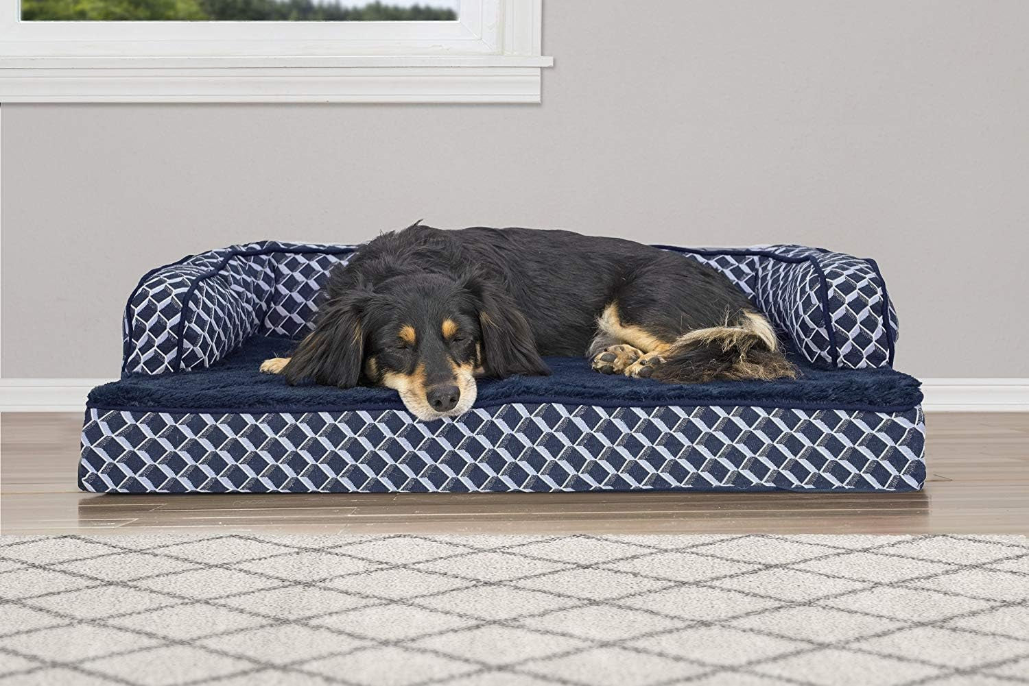 Orthopedic Dog Bed for Medium/Small Dogs W/ Removable Bolsters & Washable Cover, for Dogs up to 35 Lbs - Plush & Woven Decor Comfy Couch Sofa - Diamond Blue, Medium - Petopia