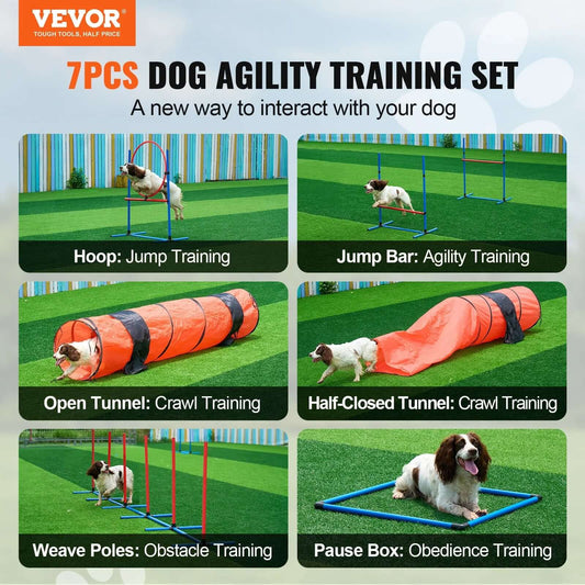 VEVOR Dog Agility Training Equipment 7 PCS Set Upgrade W/ Hurdles 2 Tunnels Ring - Petopia